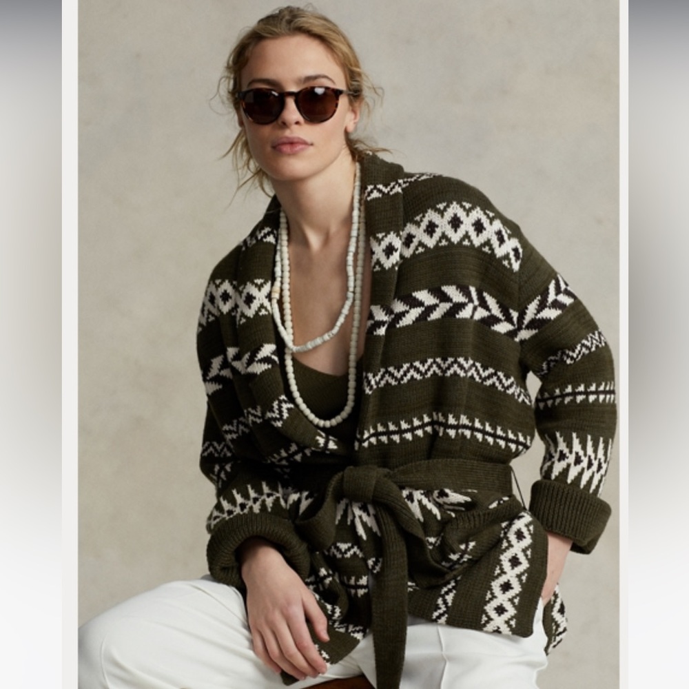 Geometric-Motif Shawl Collar Cardigan by Polo Ralph Lauren/ col:olive/ size:XS